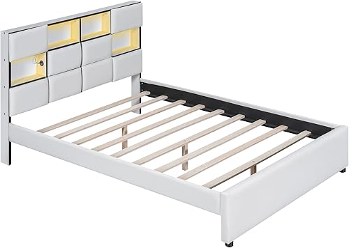 Miniatura 7 de Linique Cama tapizada de lino de tamaño matrimonial con luces LED, marco de cama de plataforma de pino con cabecera de almacenamiento y puertos USB,