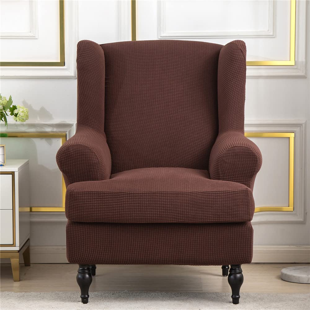 Highdi Brown Wingback Chair Covers 2 Piece Stretch Wing Chair Slipcover, Washable Solid Color Corn Velvet Sofa Cover Furniture Protector For Armchair Chairs Hotel Living Room Bedroom (Brown)
