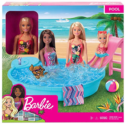 Barbie muñeca rubia de 30 cm con piscina, tobogán y accesorios, regalo para niñas y niños 3-9 años (Mattel GHL91)