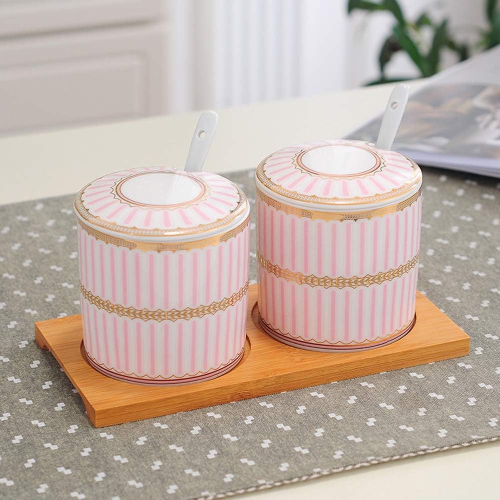 Ceramic Sugar Bowl Set of 2,Porcelain Condiment Pots Spice Jars Seasoning Jar Reusable Container Box with Spoon and Lid Tray-Pink 2 * 300ml