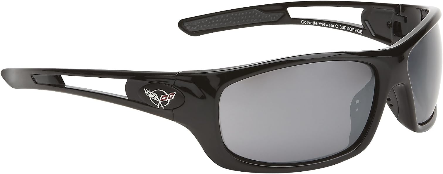 CORVETTE EYEWEAR C5-300FFGB Rx Capable Gloss Black Full Frame utilizing The C5 Logo Including a Deluxe Micro Fiber Carrying Bag, Extra Lens Set and Bonus Matching Hard case.