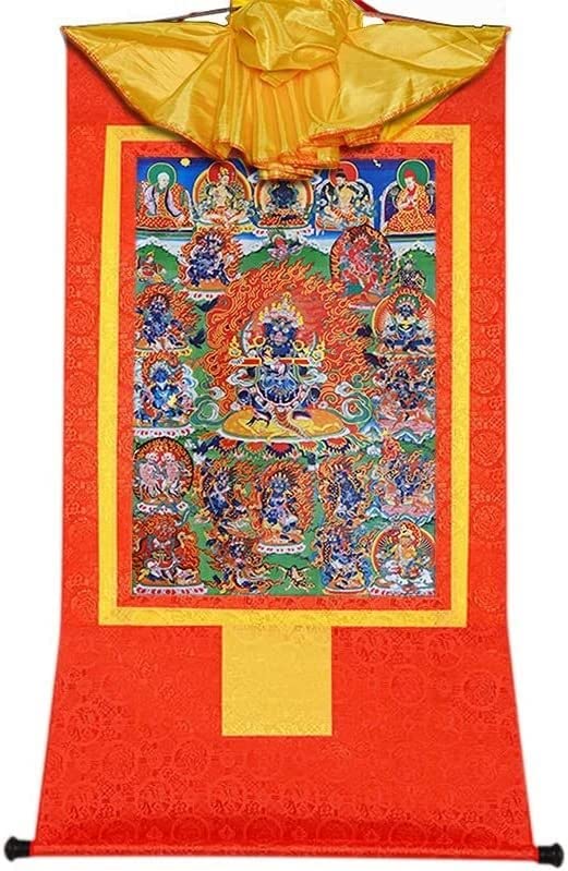 Thangka tibetana Mahakala tapiz budista de brocado rojo pequeño 35cm
