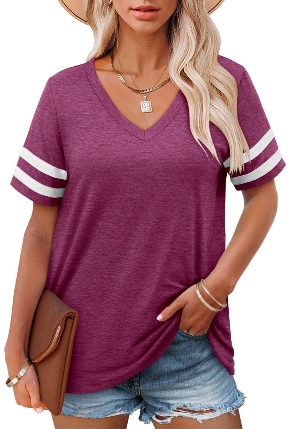 Angerella Casual Summer Tops for Women V Neck T Shirts Short Sleeve Tunic Tops Loose Fit