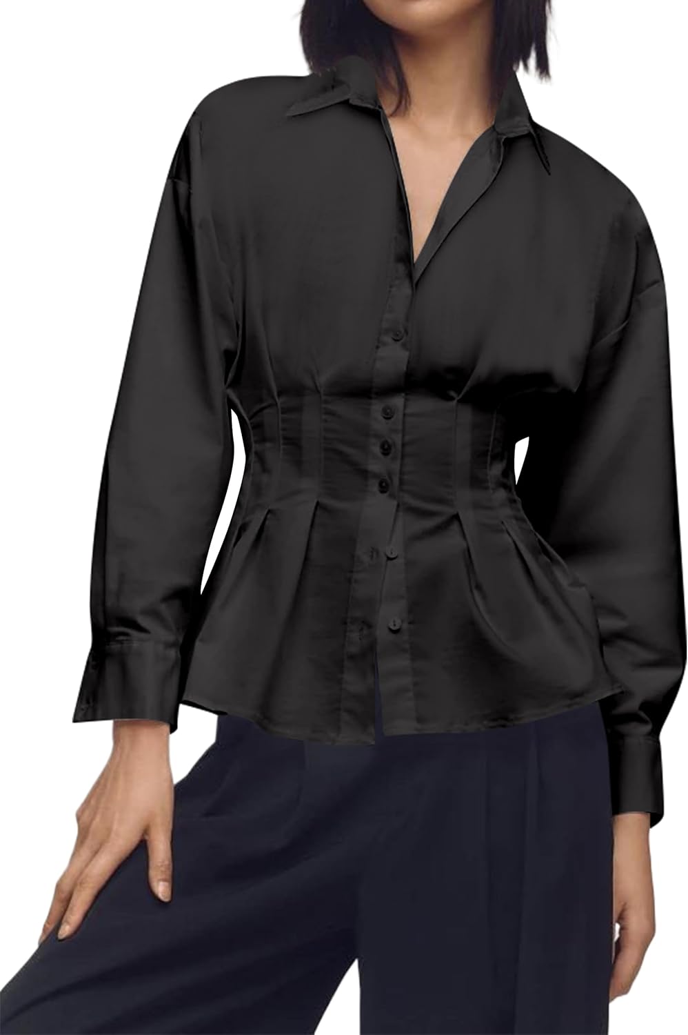 Women Striped Button Pleated Shirts Short Sleeve Summer Casual Peplum Blouse