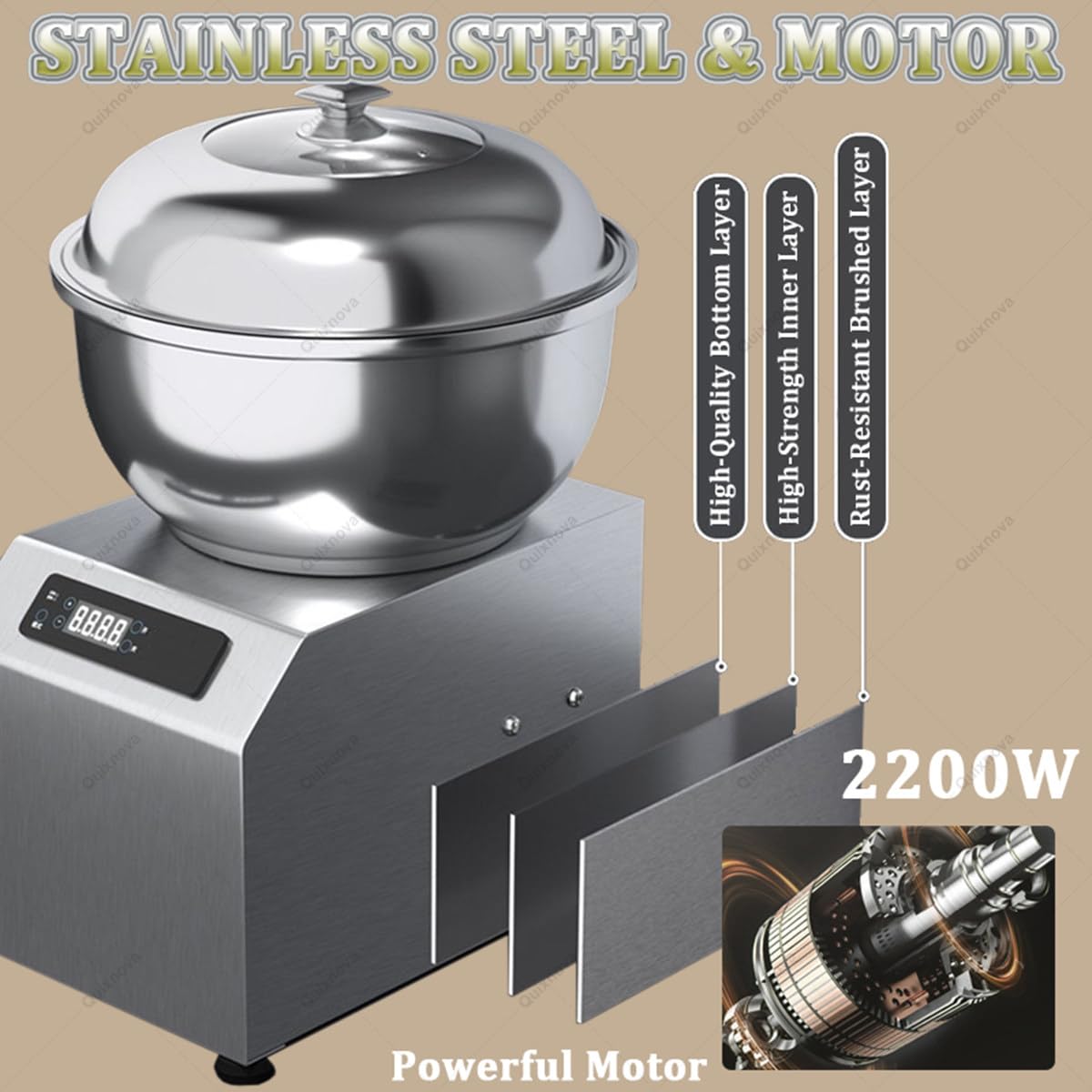 Impastatrice Commerciale a Spirale elettrica da 5 kg/8 kg, 1800 W/2200 W, Doppia Macchina impastatrice Rotante in Acciaio Inox con Coperchio e Timer per ristoranti, pizzerie e panetterie 8kg