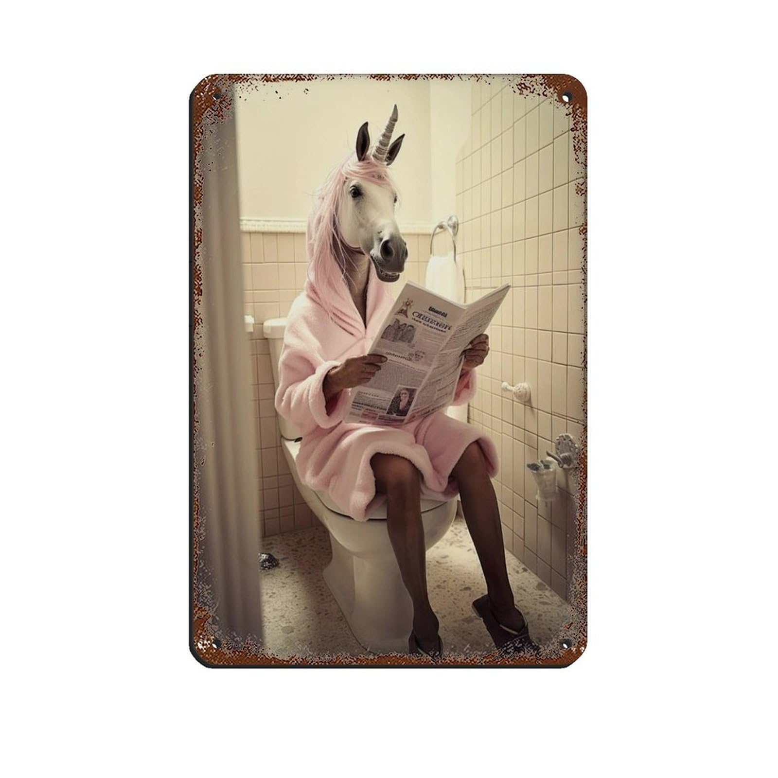 Unicorn Sitting on The Toilet Reading A Newspaper Retro Poster Metal Tin Sign Chic Art Retro Iron Painting Bar People Cave Cafe Family Garage Poster Wall Decoration 8x12inch(20x30cm)