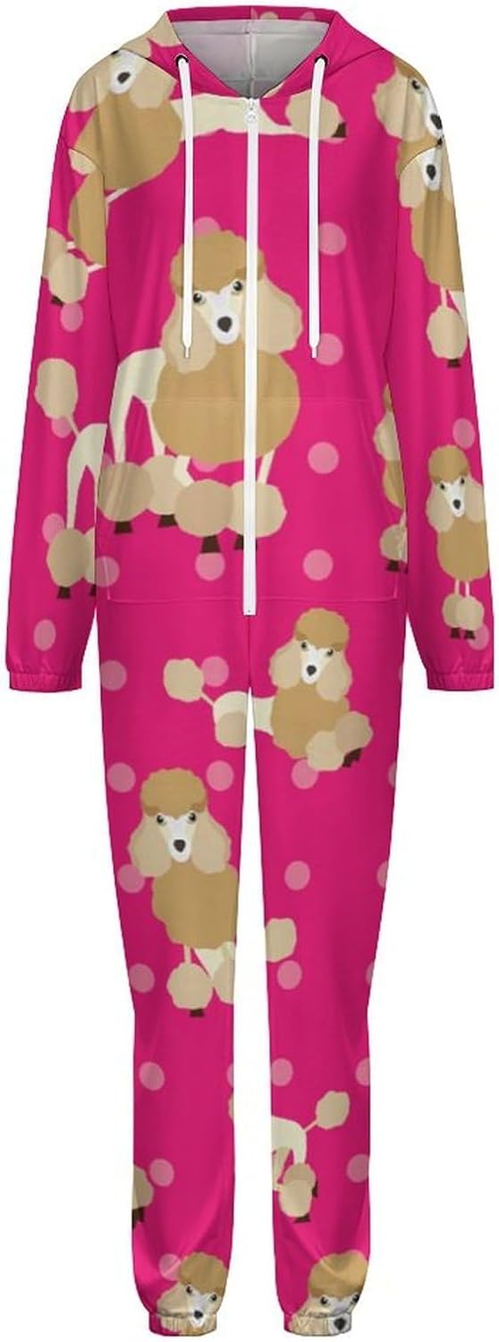 Poodle Dog Adult Pajamas Onesie with Hood Pocket Jumpsuits One Piece Sleepwear
