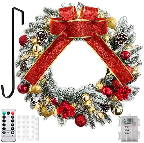 CYAOOI 16 Inch Lighted Christmas Wreath with Hanger 8 Modes Remote Control, Pre-Lit Christmas Door Wreath Decorations with Lights & Bells, Battery Operated Xmas Wreath for Front Door Outdoor Indoor