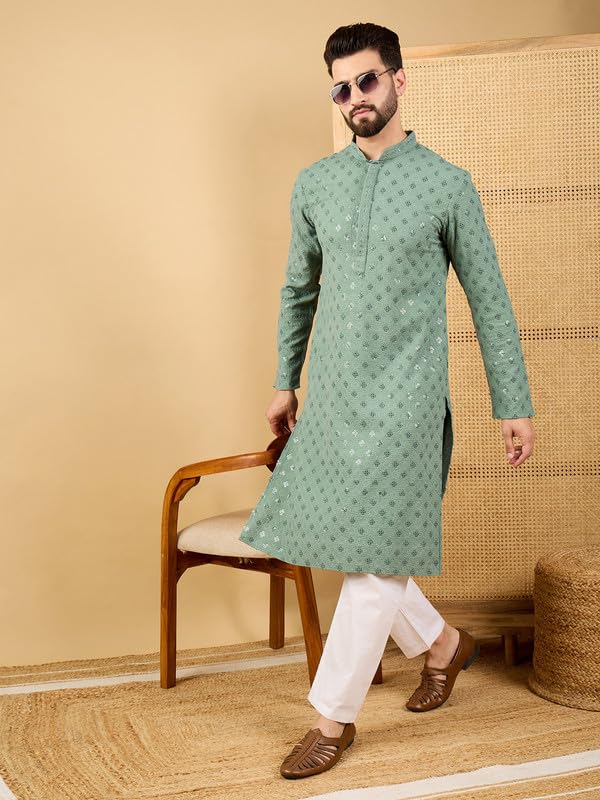 Image of Men's Solid Embroidered Long Straight Kurta | Men's Kurta | Embroidered Chikankari Kurta for Men | Straight Fit Kurta for Men