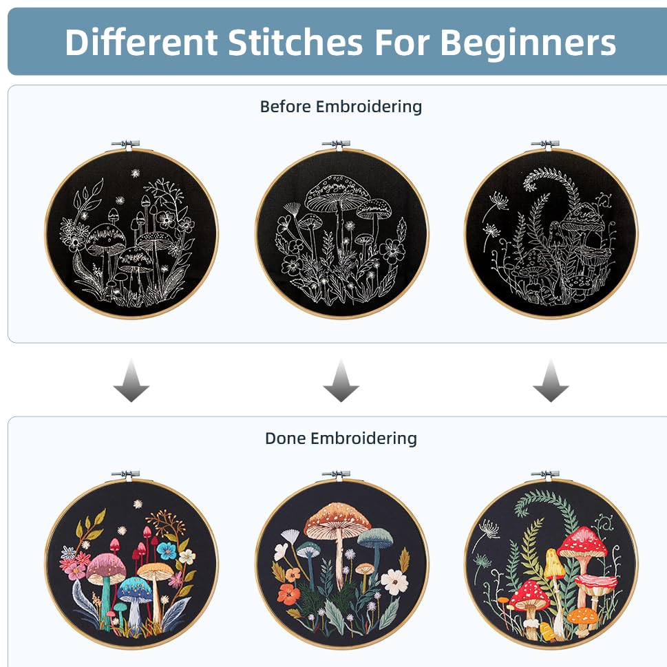 Image of KEKEMEOW 3 Sets Embroidery Kit for Beginners, Stitches with Colorful Mushrooms Embroidery Stitch Practice kit for Adults Craft Lover, Cross Stitch Kit with Pattern、Instruction、Hoop