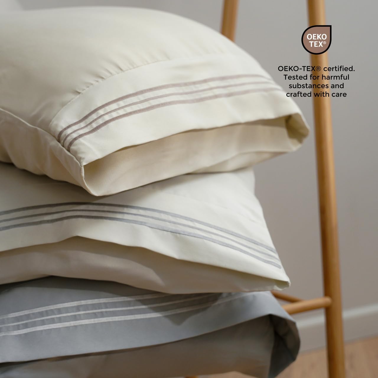 Mon Chateau Whisper Sheet Set, 4-Piece Microfiber Sheets with Decorative 3-Stripe Embroidery on Pillowcases, Includes Flat Sheet, Fitted Sheet & 2 Pillow Cases for King Size Beds, Hearthstone