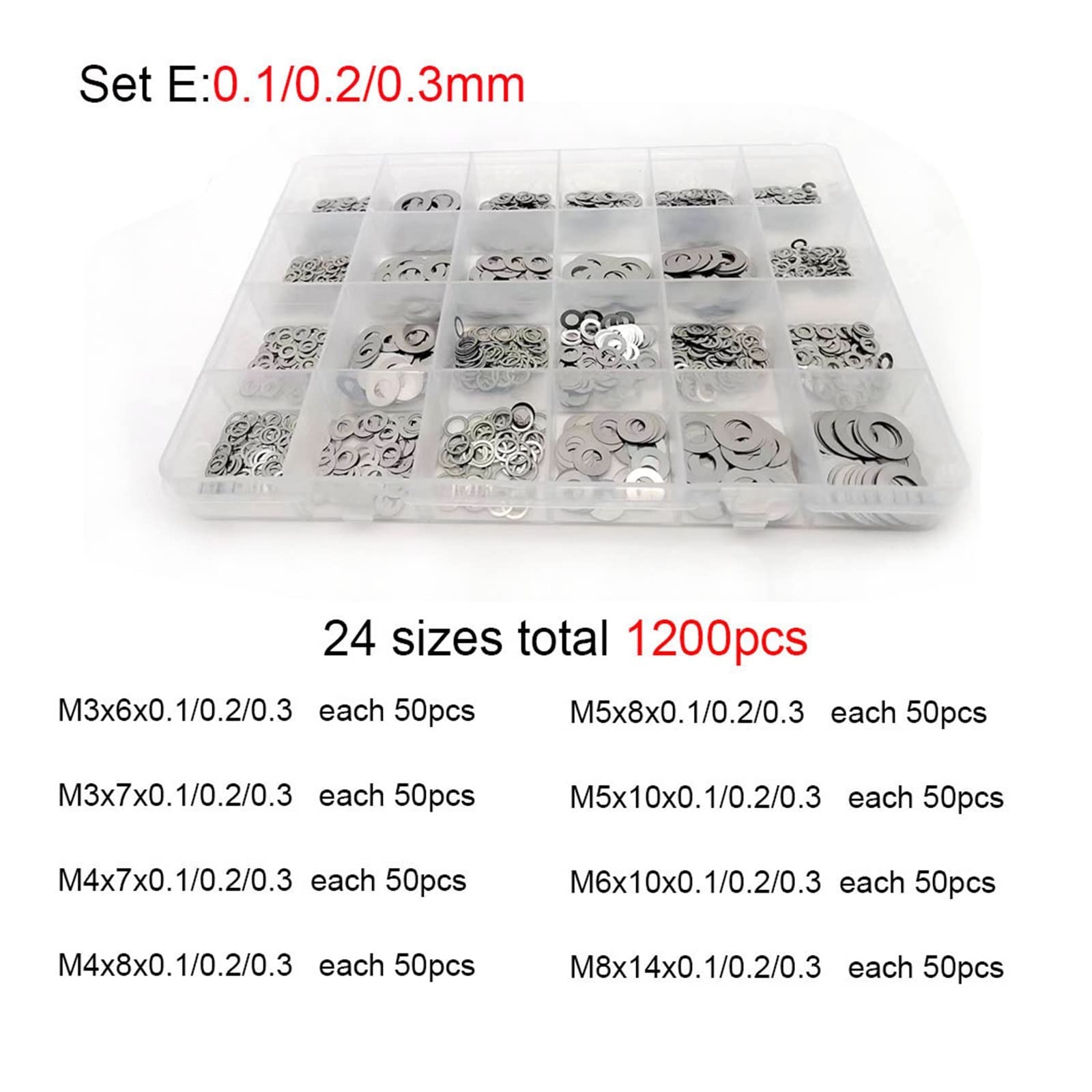 Assortiment de rondelles plates Kit d'assortiment de joints Ultra fins en acier inoxydable, 500/750/1200 pièces, M2 M3 M4 M5 M6 M7 M8, cale réglage, joint uni(Set A 0.1mm 750)