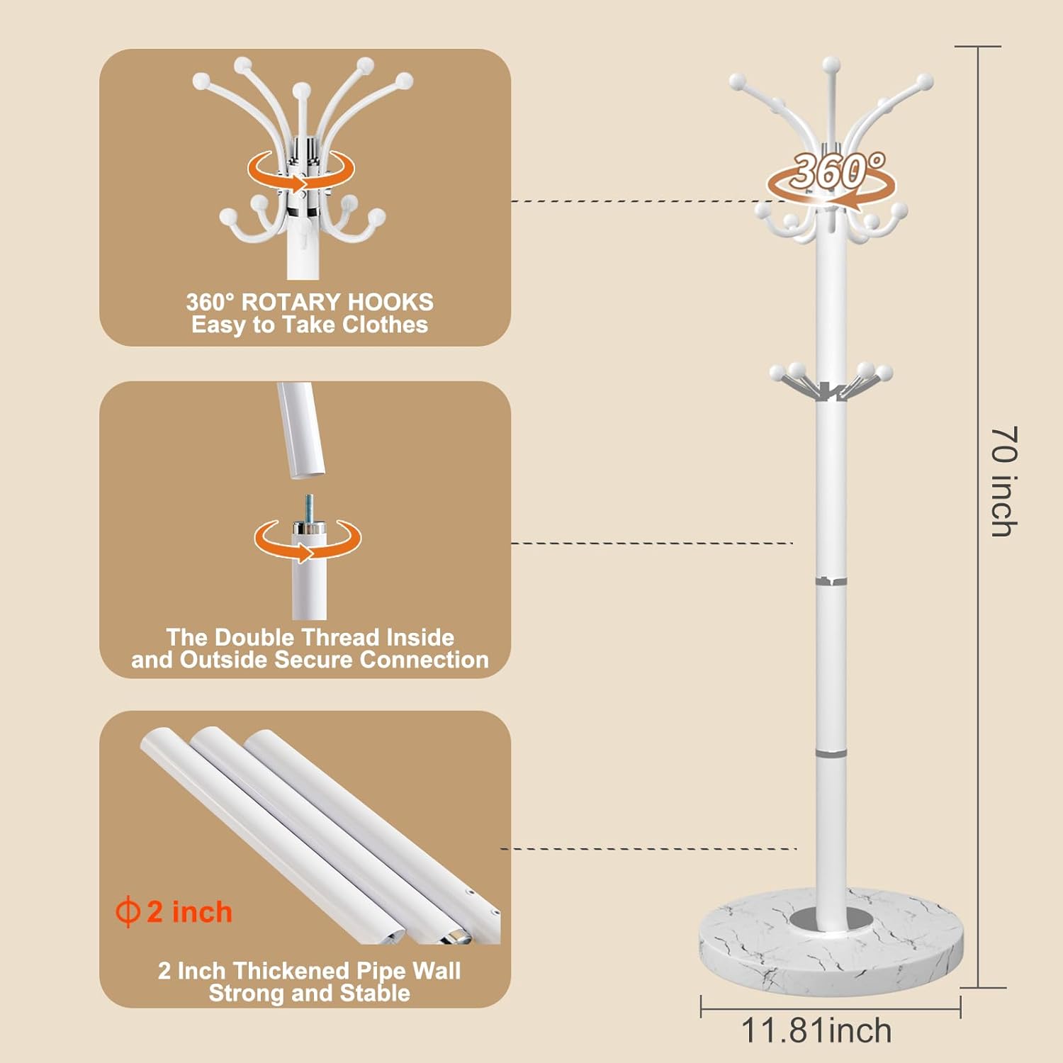 Metal Coat Rack Stand with Natural Marble Base, Modern Coat Rack Freestanding, 360°Rotary Coat Racks with 14 Hooks, Heavy Duty Coat Hall Tree Hanger Stand for Entryway, Office