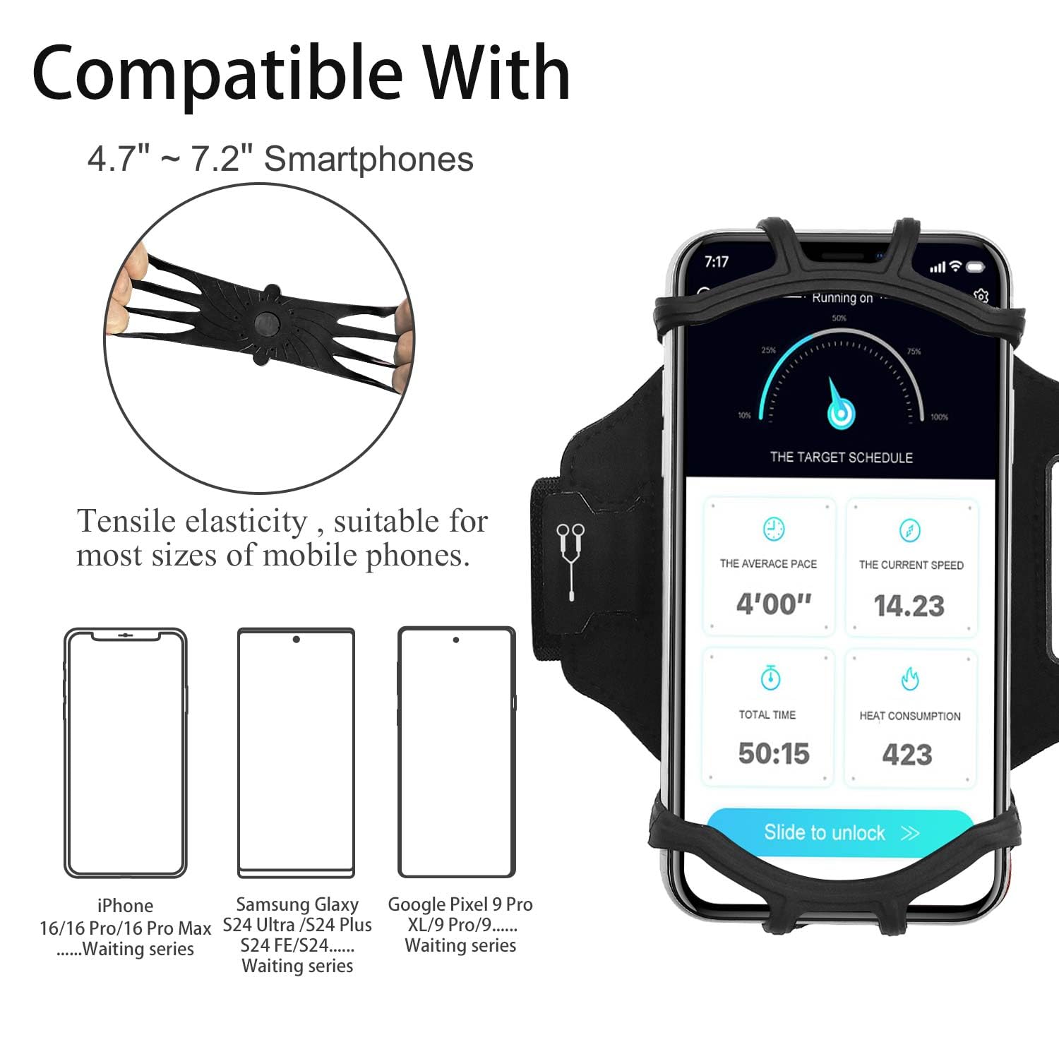 Rotatable Running Armband with Key Holder, Fits 4-6.7 Inch Smartphones, for iPhone 16 15 14 13 Pro Max, Samsung Galaxy S25 S24 23 22 Plus Ultra (Black)