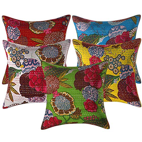 16X16 Indian Ethnic Bohemian Set Of 5 Decorative Colorful Cotton Square For Sofa Set Home Decorative Fruit Design Boho Throw Pillow Case Kantha Cushion Cover #TOP2