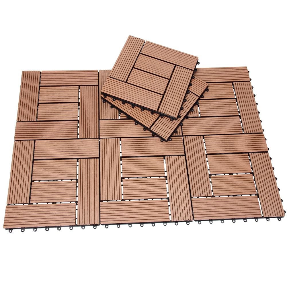 BAKAJI Juego de 11 piezas de azulejos WPC para jardín exterior, patio, balcón, suelo con drenaje de agua, azulejos de montaje empotrado, resistente a los agentes atmosféricos, diseño incrustado