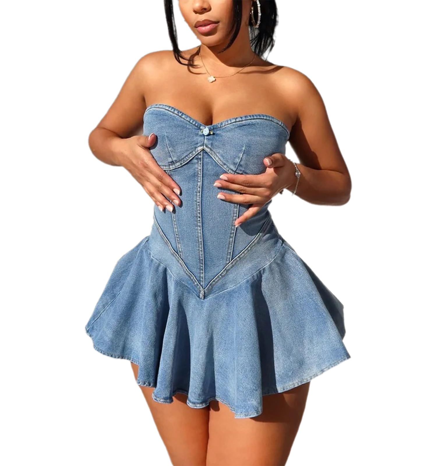 Mini Abito in Denim Sexy a Tubino Senza Spalline da Donna, Abito Corto in Jeans Elasticizzato Slim Fit con Orlo a Volant