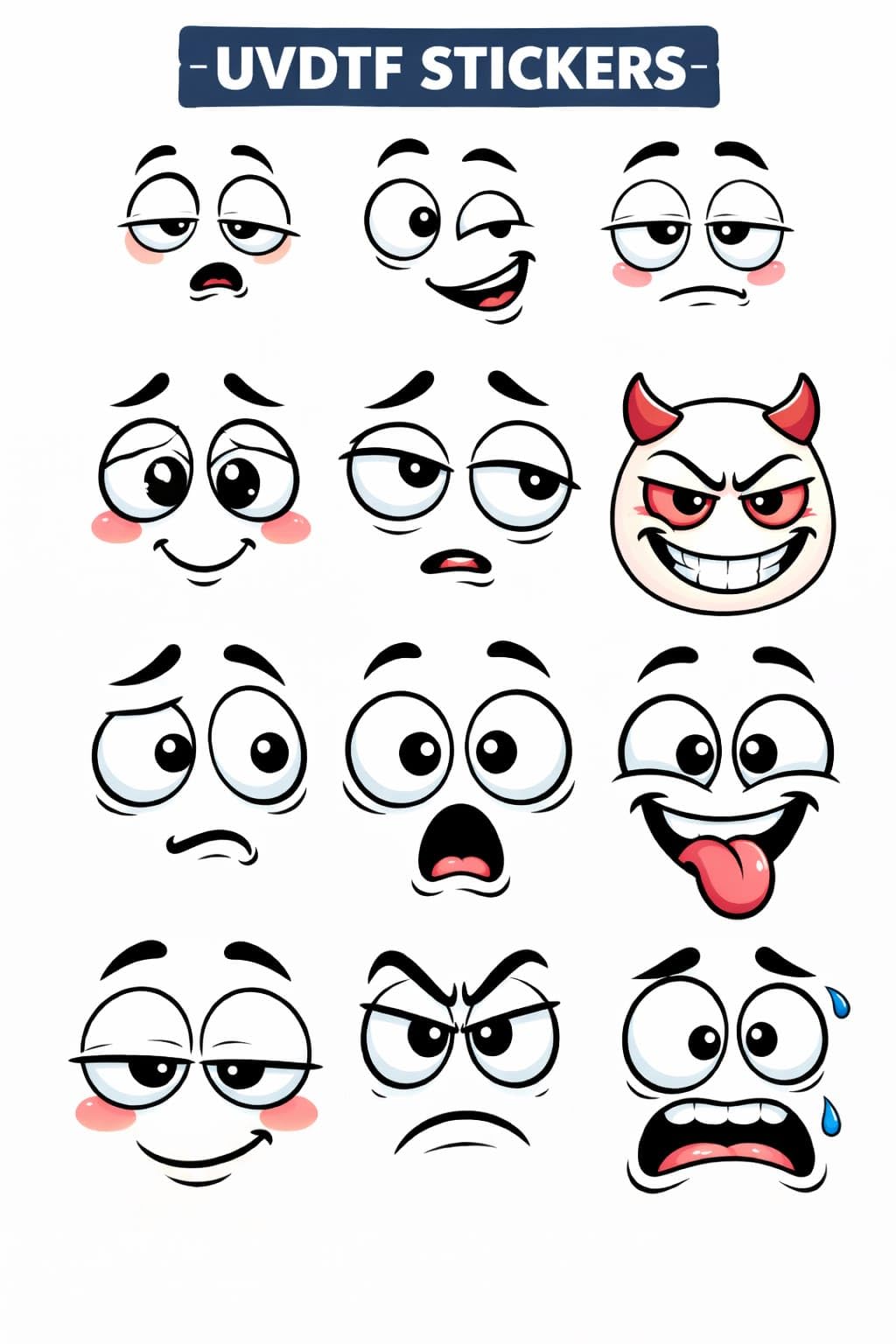 UVDTF Cartoon Face Expression Transfer Stickers, Waterproof Decals, 2.5x2.5 Inch, for Mugs, Water Bottles, Laptops, Pack of 12