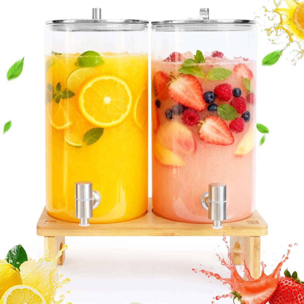 2 dispenser per bevande da 6 l con supporto, dispenser in vetro con rubinetto in acciaio inox massiccio per succhi ghiacciati, acqua, bevande fatte in casa, feste, matrimoni