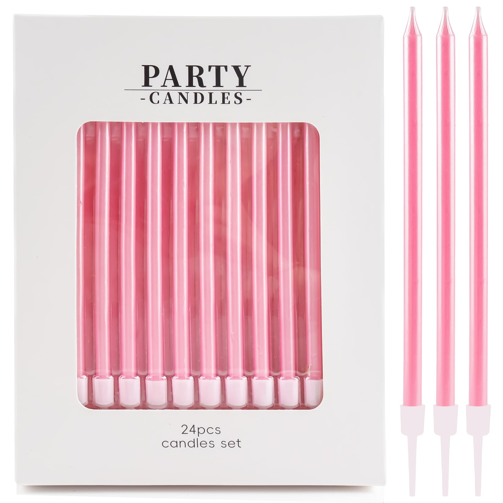 24 velas de cumpleaños rosas para pasteles, 10 cm de alto, metalizadas, delgadas, velas largas para cupcakes, velas finas con soportes para pastel de cumpleaños, baby shower, decoración de fiesta de