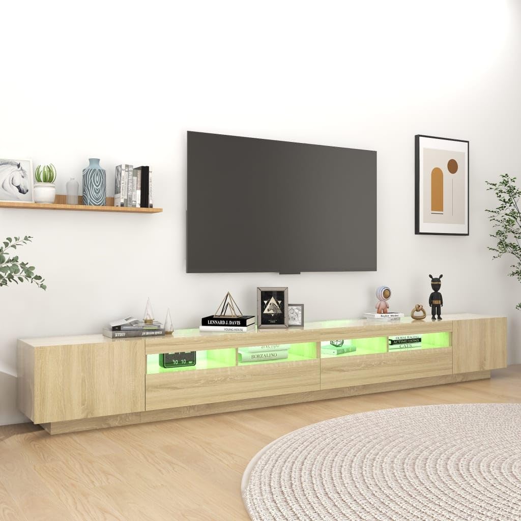 Szafka pod telewizor dąb Sonoma 300 x 35 x 40 cm, wytrzymała szafka pod telewizor z oświetleniem RGB LED, konsola medialna do salonu, nowoczesna, uniwersalna podstawka pod telewizor
