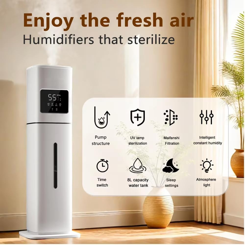 Smart White Humidifier, 2.1Gal/8L Large Capacity Cool Mist Humidifier with 3 Mist Levels, Auto Humidity Control, Timer & Auto Shut-Off, LED Panel & Remote, 360° Nozzle for Nursery, Office, Plants