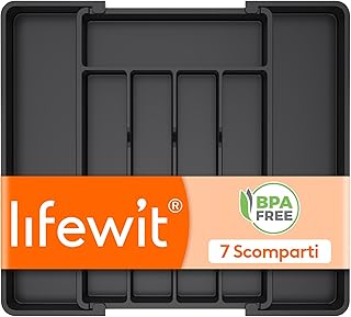 Lifewit Portaposate da Cassetto, Organizer Cucina Espandibile, Porta Posate Regolabile in Resistente Plastica per Cucchiai e Forchette, Profondità 34cm, Estensione max 41 cm, 1 Pacchi, Nero