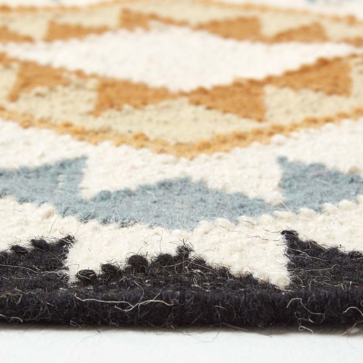 HOMESCAPES - Tapis Kilim en Laine à Motif géométrique Jaune, Fabrication Artisanale - Agra - 66 x 200 cm