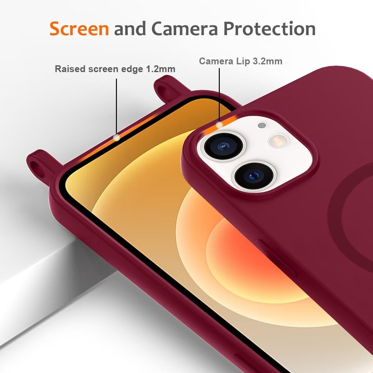 FNPCUON Cover Magnetica Silicone per iPhone 12/12 Pro con Cordino,Compatibile con MagSafe,Custodia con Laccio Collana Tracolla Collo Sottile TPU Antiurto Protettiva Case con Corda.Rosso