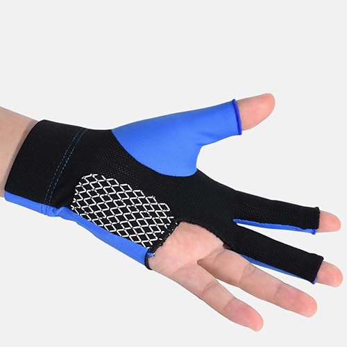 Miniatura 3 de 3-Finger Anti-Slip Billiards Glove Breathable Stretch Fabric Pool Cue Glove Sturdy Snooker for Left Hand Blue Medium Size Suitable for Billiard and