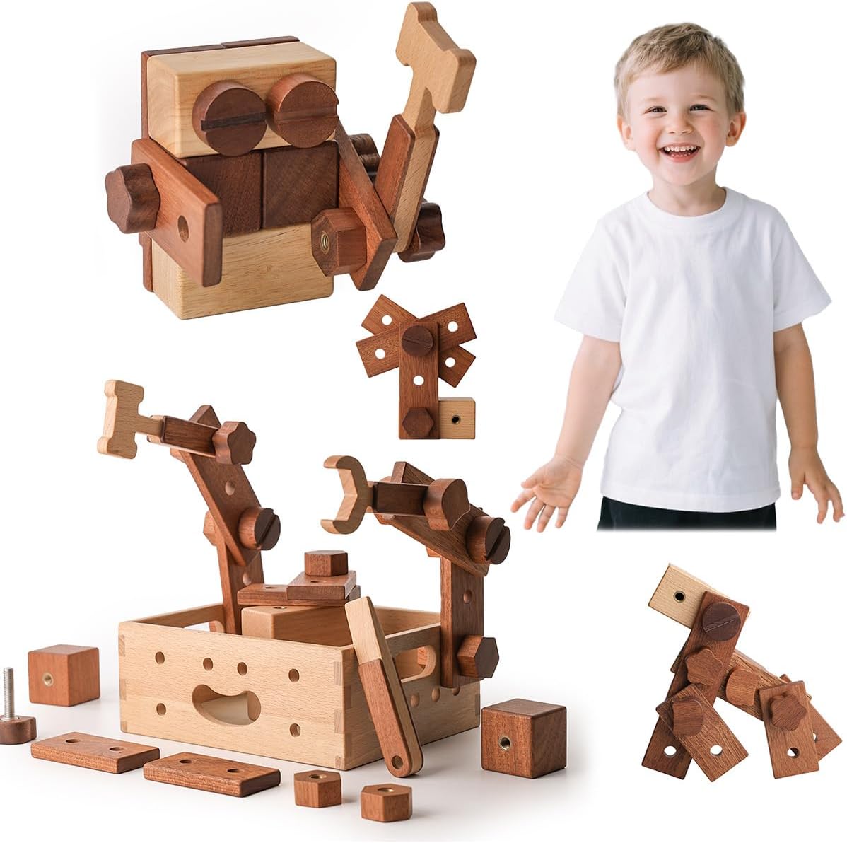 Wooden Tool Set for Kids 3+ | Solid Wood Construction Toy with Screws and Nuts, 32-Piece Building Set with Storage Box
