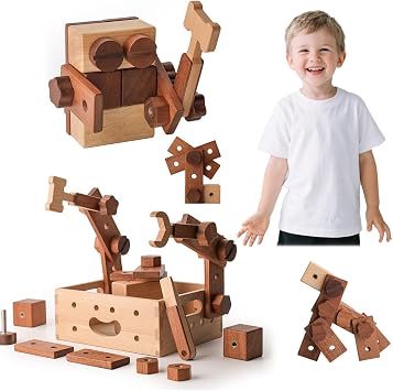 Kids Tool Set | Wooden Toy Building Blocks with Construction Tool Kit | Wood Blocks Nuts Bolts Hammer Screwdriver in a Box 32 pcs for Boys & Girls
