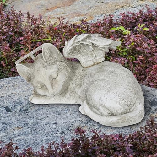 Exhart Cat Statue, Solar Pet Memorial Sleeping Cat Garden Sculpture with Angel Wings, LED Light Halo, Outdoor Garden Decoration, 12 x 6.5 Inch