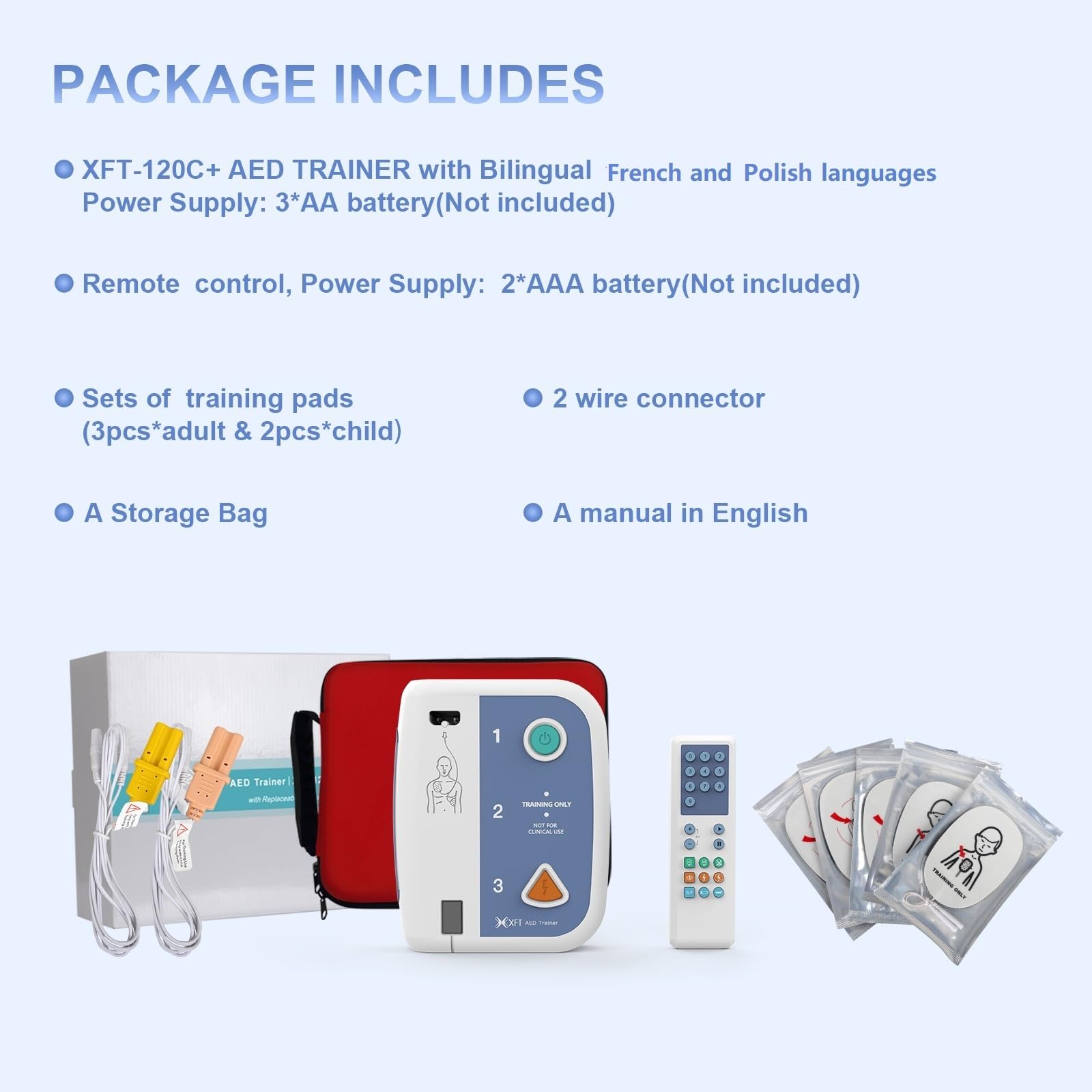 Défibrillateur de Formation XFT-120C+, 10 Scénarios, Instructions Vocales Français/Polonais, Télécommande