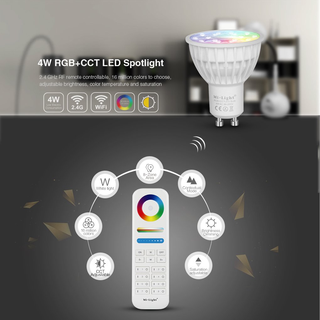 LIGHTEU, 8 x Ampoule LED colorée RGB+CCT (RGBWW) Milight original®, WiFi, 4W, GU10, blanc chaud à intensité variable, Avec Télécommande sans fil 2.4GHz RF [Classe énergétique A+]