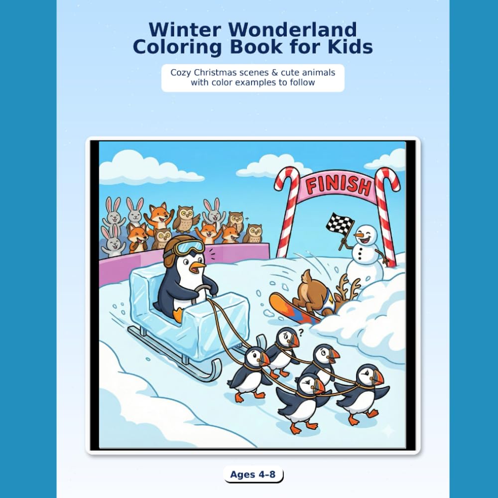 Winter Wonderland Coloring Book for Kids: Cozy Christmas Scenes & Cute Animals — 24 Coloring Pages + 24 Color