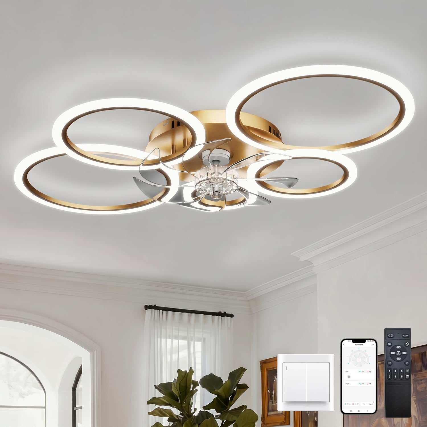 Kelukes Gold-App Ceiling Fan With Light With Memory Function, 100Cm Living Room Ceiling Fan Light, Silent Timer Dimmable Reversible Ring Fans With Lamps For Bedroom, Gold