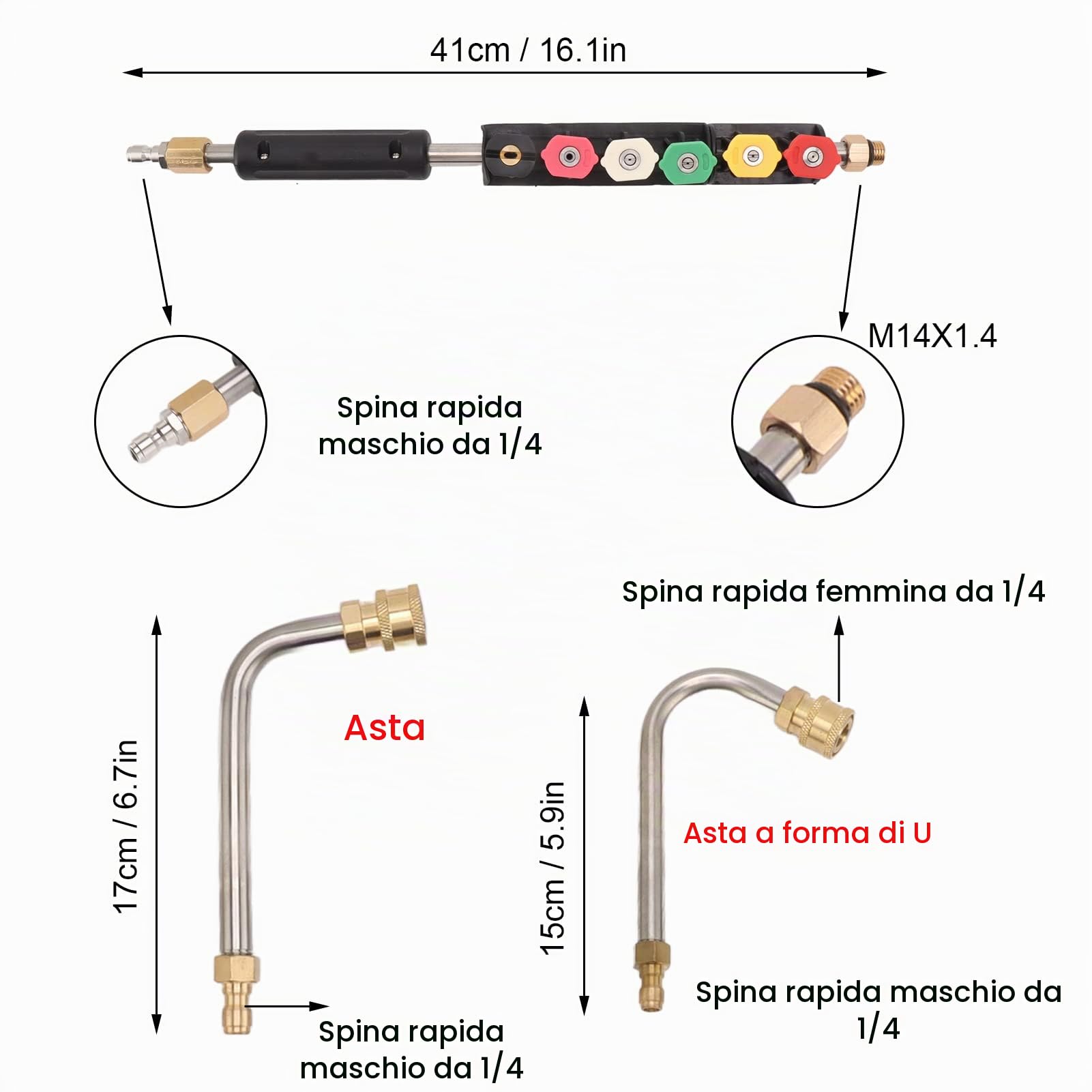 Bacchetta di Prolunga per Lancia Idropulitrice, 5 Aste Diritte + 3 Aste Curve da 30° 90° 120°, Attacco Rapido da 1/4" 4000PSI, con 6 Ugelli, Kit da 9 Strumenti di Pulizia per Grondaie