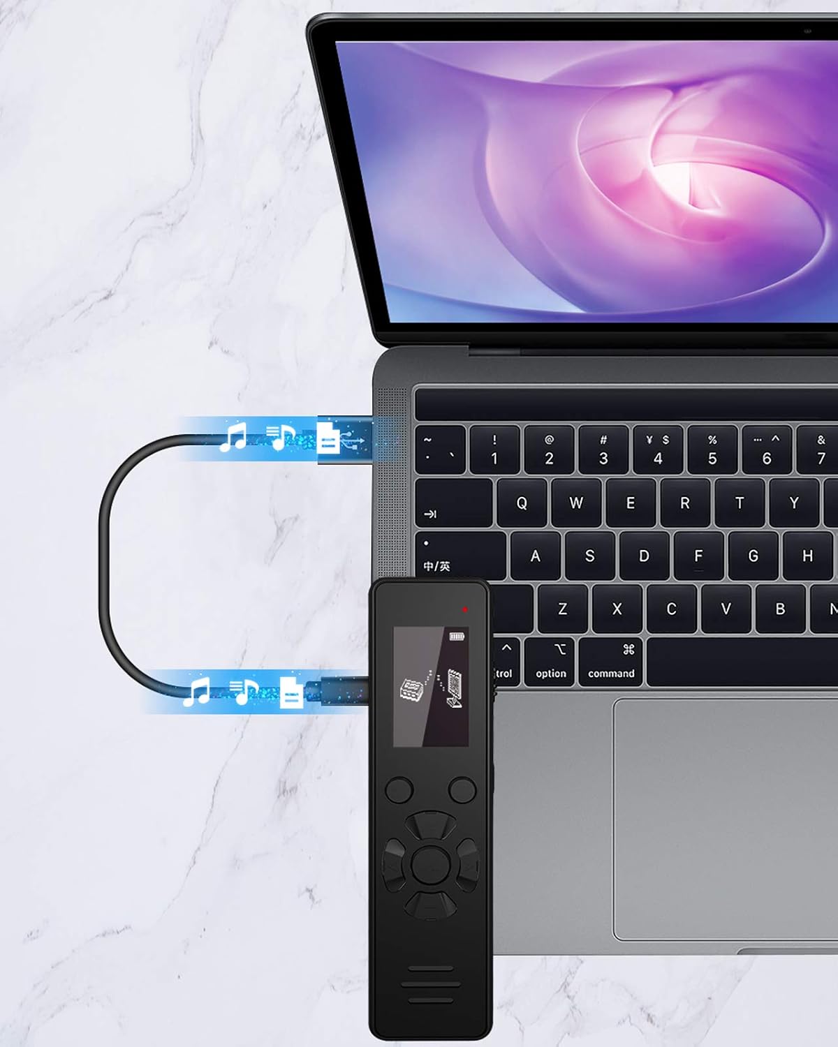 Aomago V619 Digital Voice Recorder connected to a laptop via USB-C