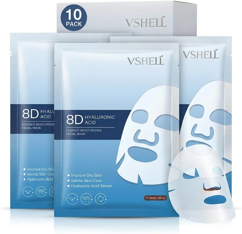 Hyaluronic Acid Face Sheet Mask – Hydrating & Plumping Facial Mask for Dry Skin – Deep Moisturizing Skincare for Radiant Glass Skin Glow – Daily Use – 10 Pack