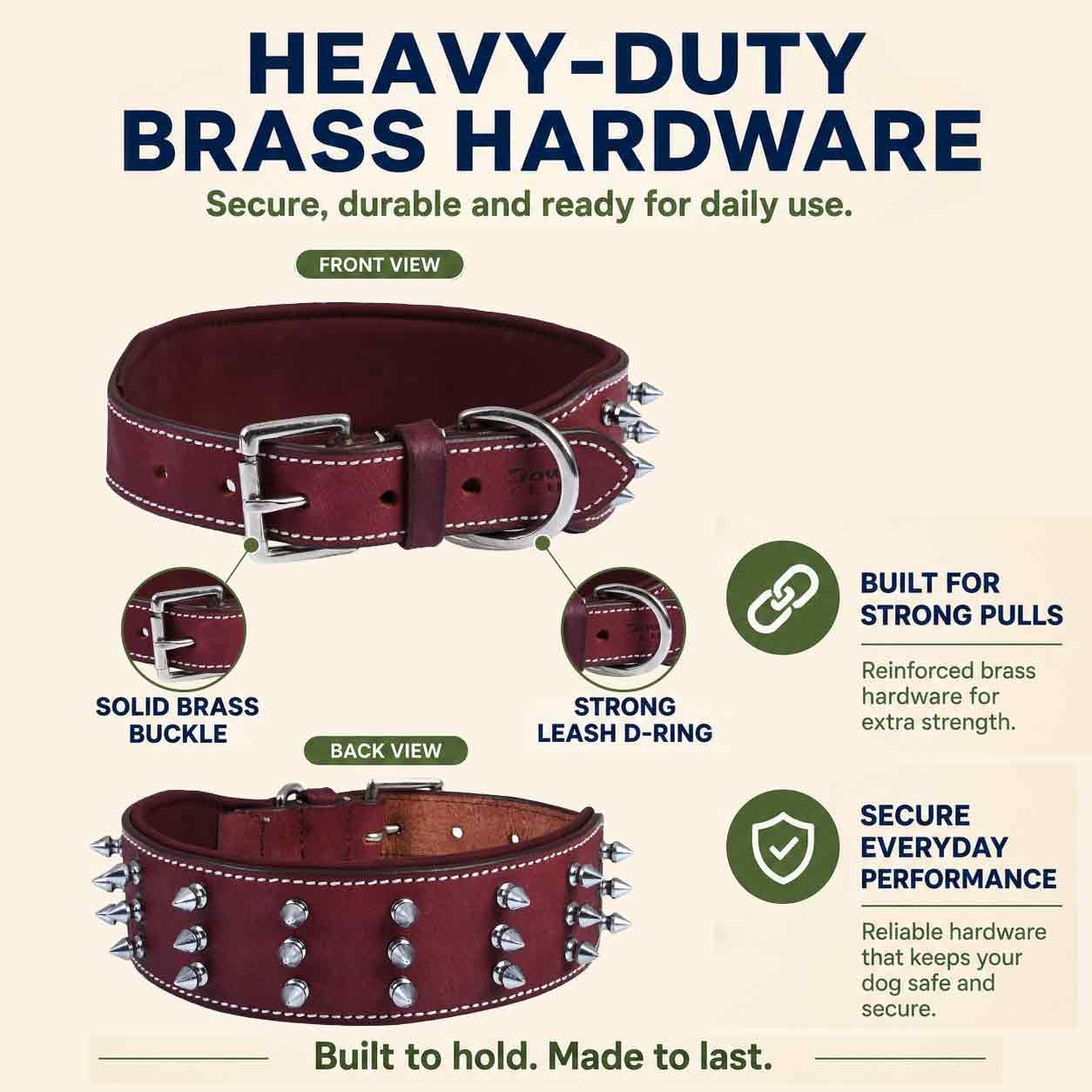 DowgClub Collar de Perro con Pinchos de Cuero auténtico, Grano Completo, Resistente, cómodo, Fuerte, Mejor para Razas Medianas, Grandes y XL, 2 Pulgadas de Ancho (Largo (se Ajusta a Cuello de 18.5 a
