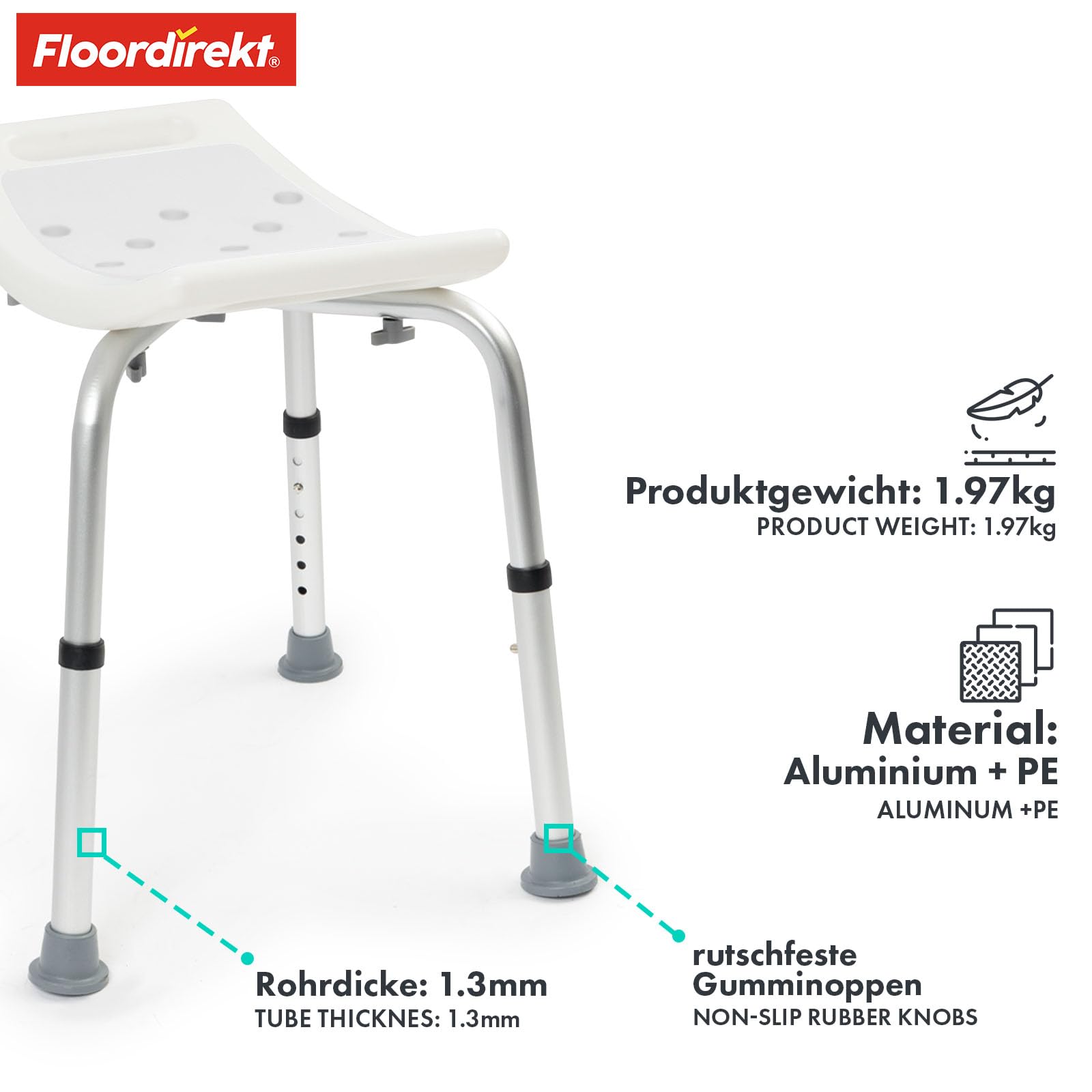 Floordirekt Noah Plus taboret prysznicowy z regulacją wysokości 37,5-49,5 cm, obciążenie do 136 kg, taboret łazienkowy dla seniorów, antypoślizgowe gumowe nóżki