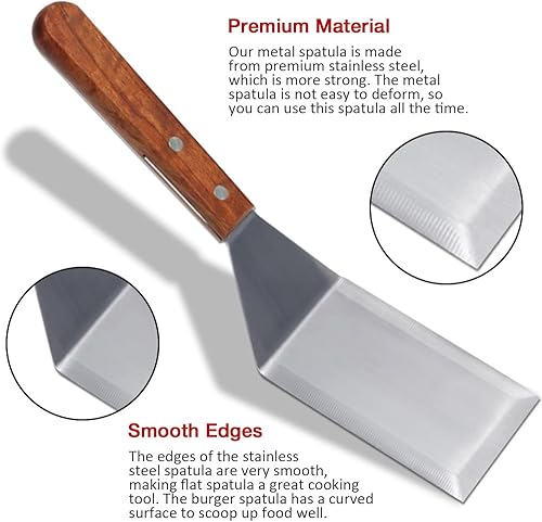 Miniatura 3 de Espátula de hamburguesa de acero inoxidable con mango de madera fuerte, espátula giratoria ideal para aleta de panqueques, pescado, huevos,