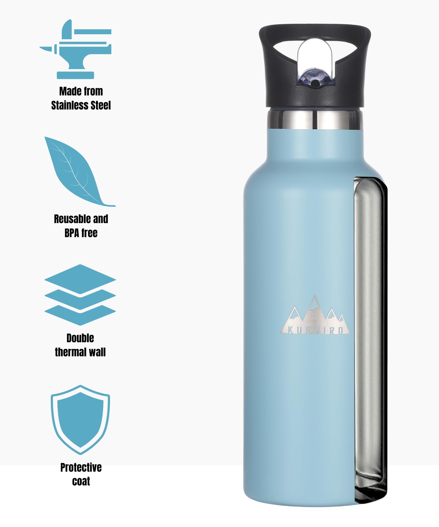 Kushiro Stainless Steel Water Bottle with Bag, Straw Lid, Reusable Vacuum Insulated Metal Drinks Flask - Image 3