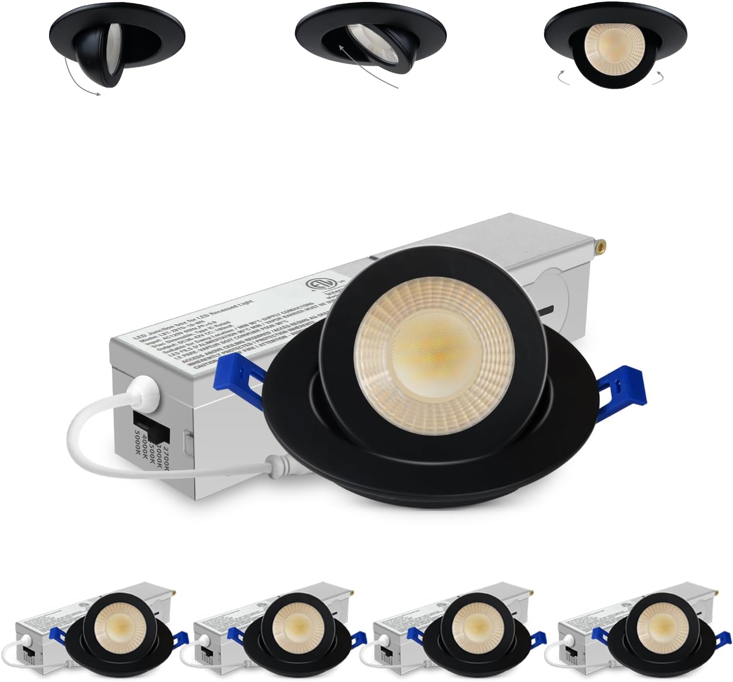 Adetu 2 Inch 5CCT Gimbal Black Led Recessed Lighting with Junction Box, 360°+90° Adjustable Recessed Lights, 2700K/3000K/3500K/4000K/5000K Selectable, 5W Eqv 50W, 550LM Brightness - ETL(Black, 4 Pack)