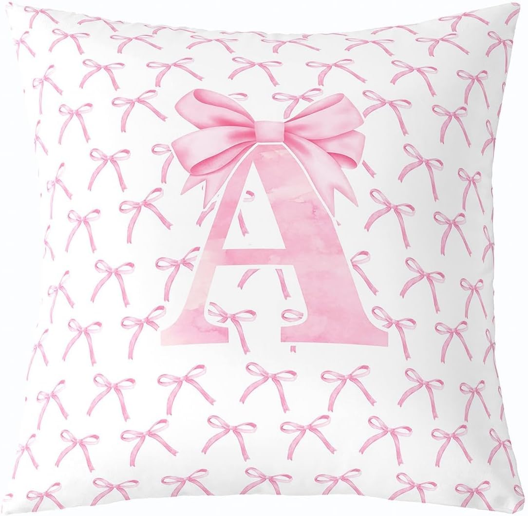 Cartoon Bowknot Kids Throw Pillow Cover,Pink Bow Tie Letter A Knot Princess Double Sides Pillow Case Girls Women,Watercolor Bow Patchwork Pink White Bed Couch Sofa Cushion Cover,Single Pack 24"x24" — image 1