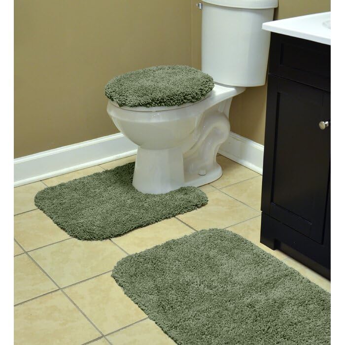 Aesthetic Cute Thick Pile Sage Green Bathroom Rugs Sets 3 Piece with Reinforced Edges Nonslip Backing Super Soft