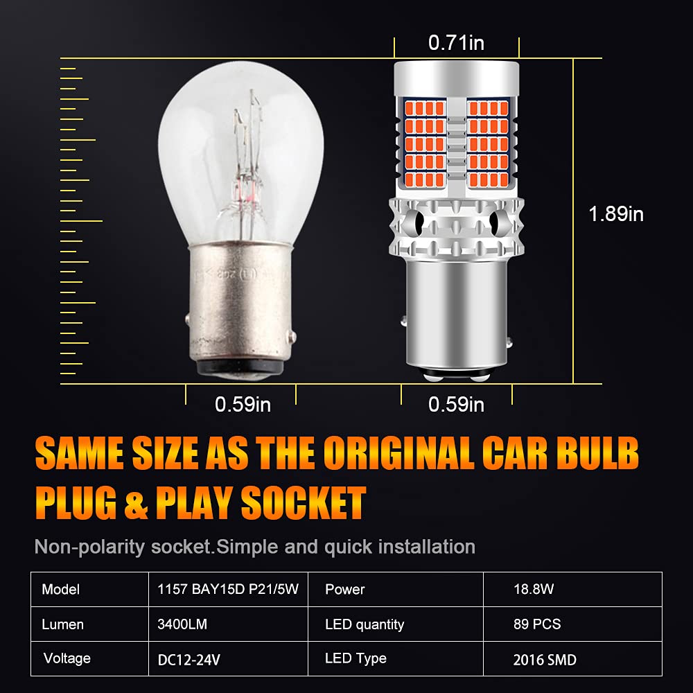 2Pcs 1157 BAY15D P21/5W Lampadina del freno Rosso, 12-24V 3400LM 2016 89SMD Canbus Senza Errori e senza sfarfallio Lampadina LED per il fanale posteriore dell'auto, luce di marcia diurna