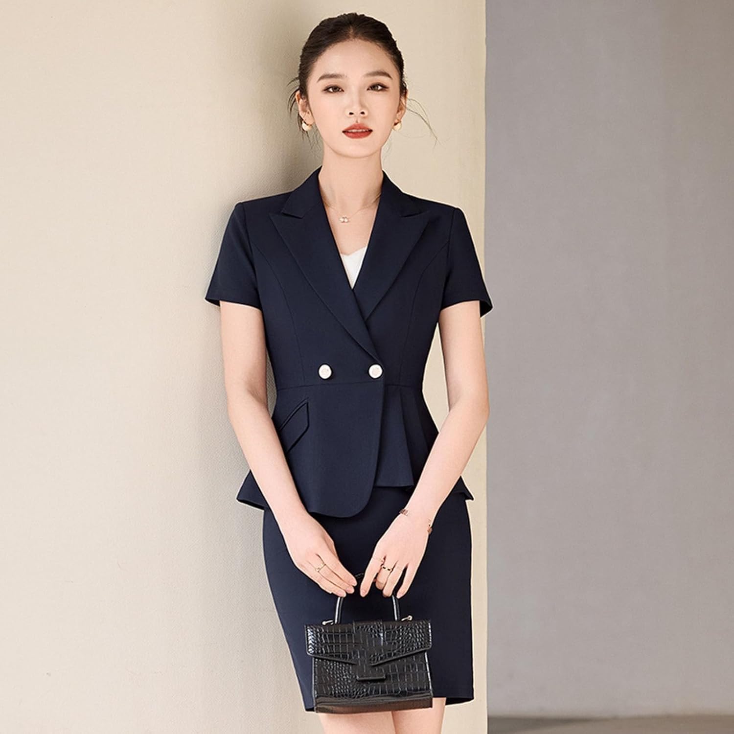 Short Sleeve Irregular Hem Blazer and Pencil Skirt Set for Women Summer Office Professional