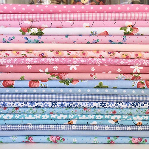 Baumwollmischgewebebündel von Shabby-Chic-Stoffen in Blau- und Rosatönen, 20 Stück, je 25 cm x 25 cm